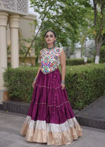 Purple Rayon Navratri Lehenga Choli with Kutchi Work front look