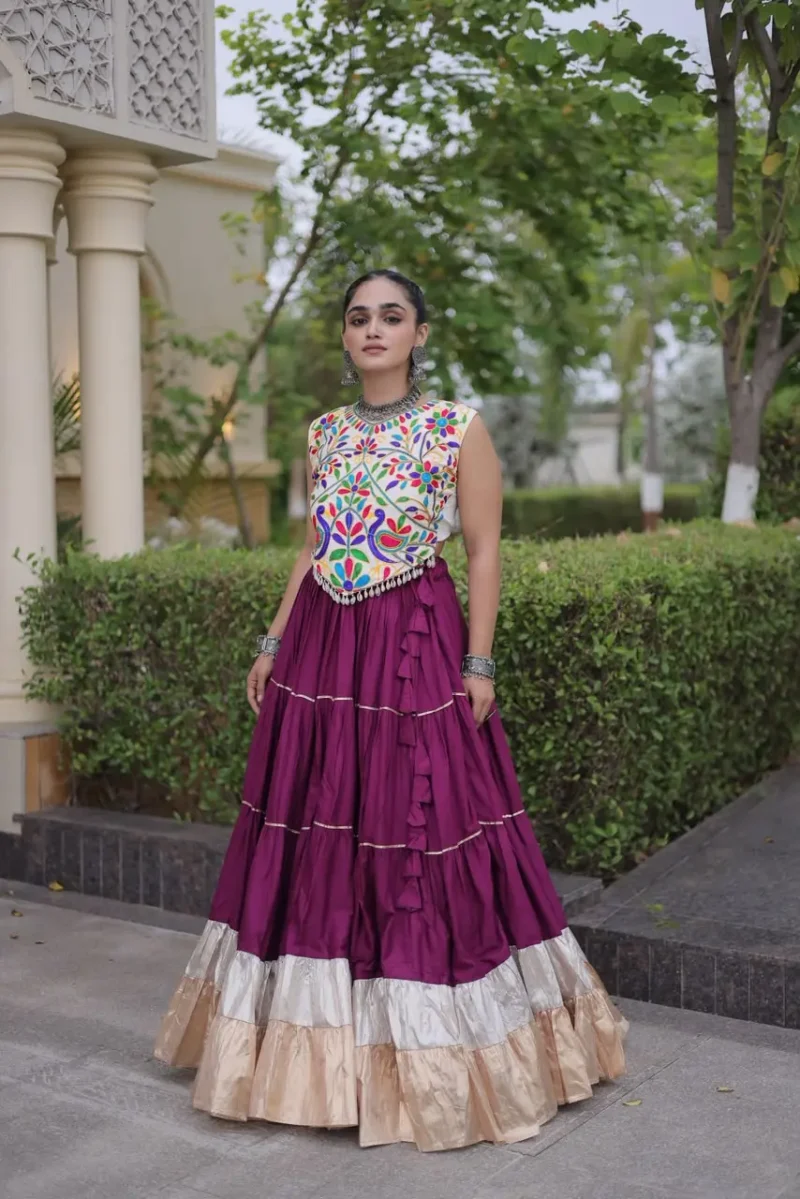 Purple Rayon Navratri Lehenga Choli with Kutchi Work front look