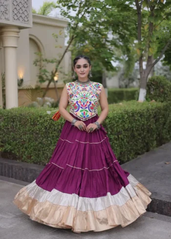 Purple Rayon Navratri Lehenga Choli with Kutchi Work flair look