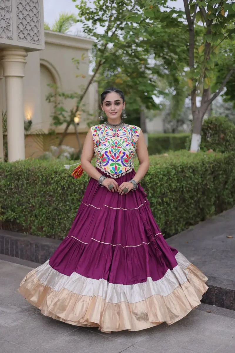Purple Rayon Navratri Lehenga Choli with Kutchi Work flair look