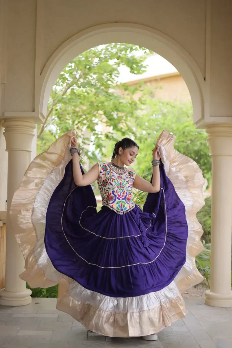 Violet Rayon Navratri Lehenga Choli with Kutchi Work full flair