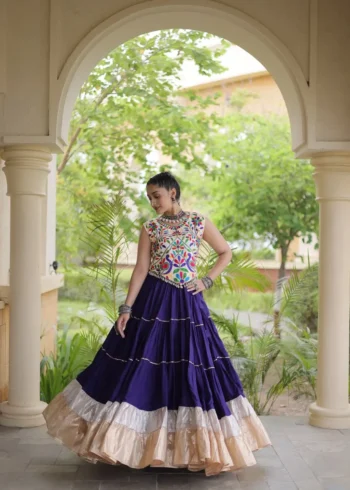 Violet Rayon Navratri Lehenga Choli with Kutchi Work front look