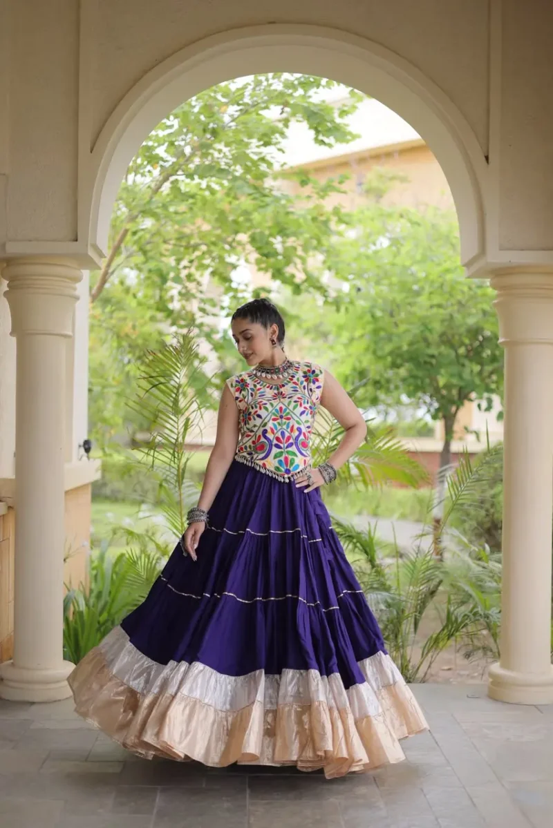 Violet Rayon Navratri Lehenga Choli with Kutchi Work front look