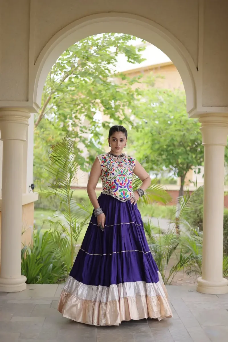 Violet Rayon Navratri Lehenga Choli with Kutchi Work front