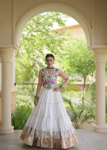 White Rayon Navratri Lehenga Choli with Kutchi Work front look