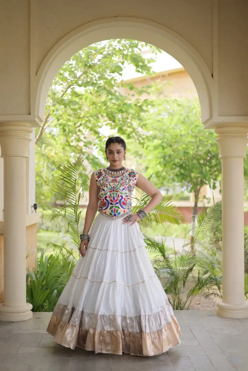 White Rayon Navratri Lehenga Choli with Kutchi Work front look