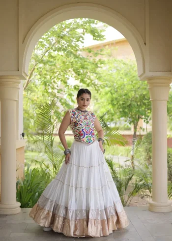 White Rayon Navratri Lehenga Choli with Kutchi Work