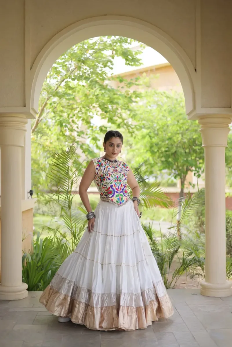 White Rayon Navratri Lehenga Choli with Kutchi Work