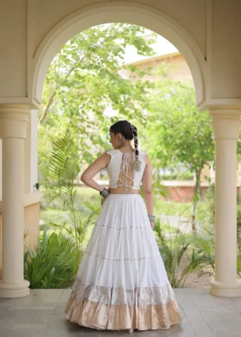 White Rayon Navratri Lehenga Choli with Kutchi Work backside