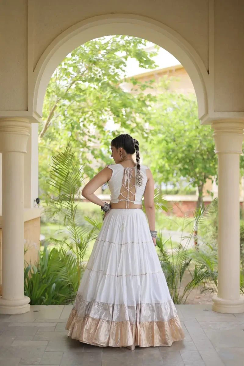 White Rayon Navratri Lehenga Choli with Kutchi Work backside