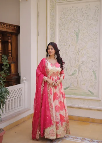 Women's Russian Silk Designer Gown with Dupatta front look