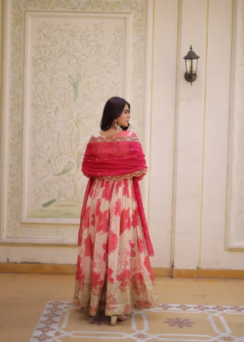 Women's Russian Silk Designer Gown with Dupatta back design