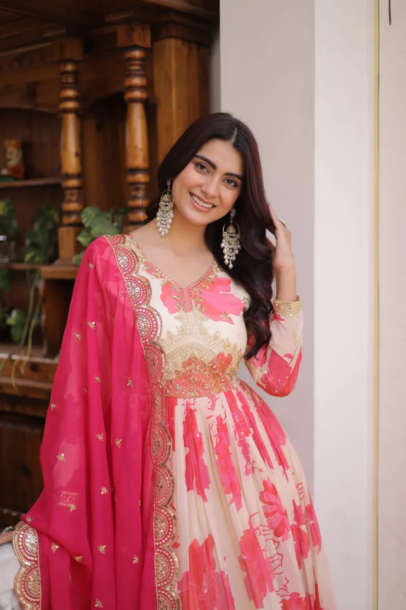 Women's Russian Silk Designer Gown with Dupatta close look