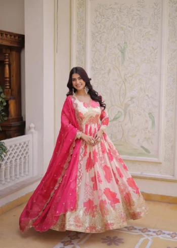 Women's Russian Silk Designer Gown with Dupatta flair look