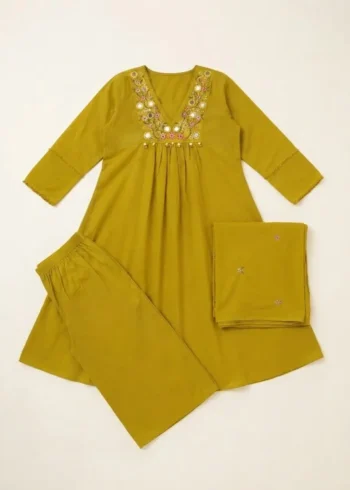 Women's Yellow 60-60 Cotton Embroidered Kurta Pant Set with Pure Cotton Dupatta live