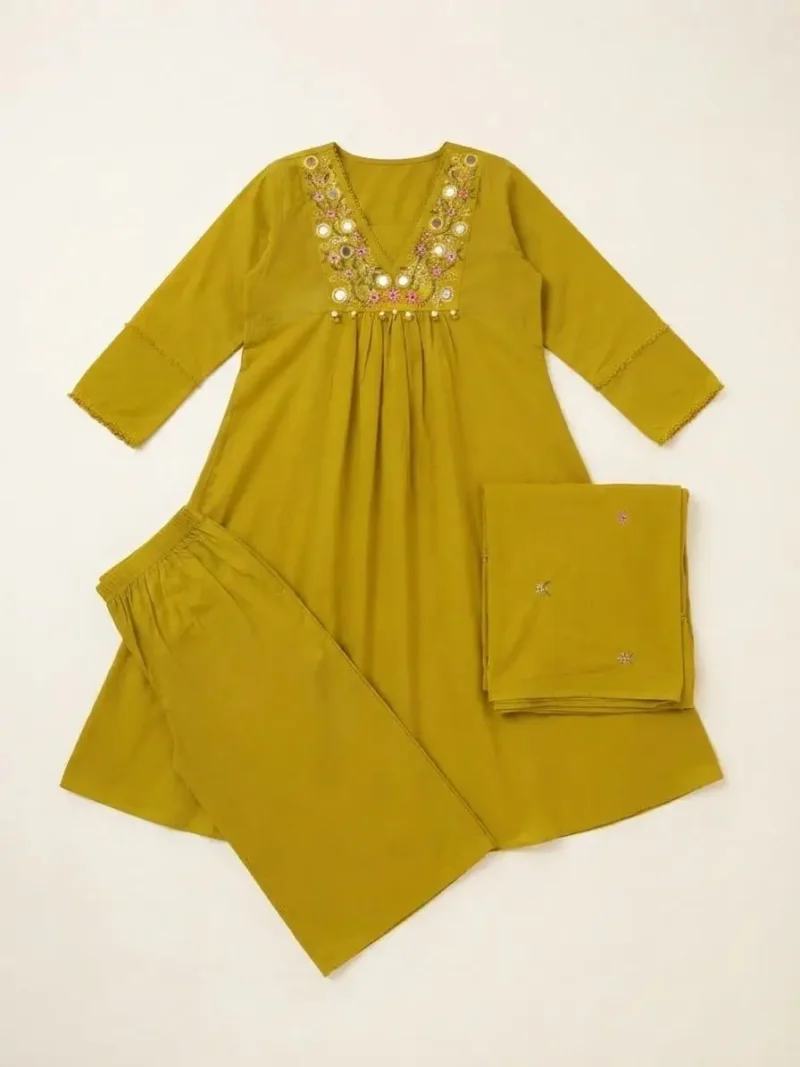 Women's Yellow 60-60 Cotton Embroidered Kurta Pant Set with Pure Cotton Dupatta live