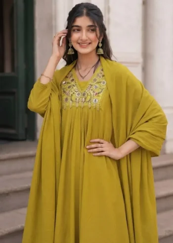 Women's Yellow 60-60 Cotton Embroidered Kurta Pant Set with Pure Cotton Dupatta