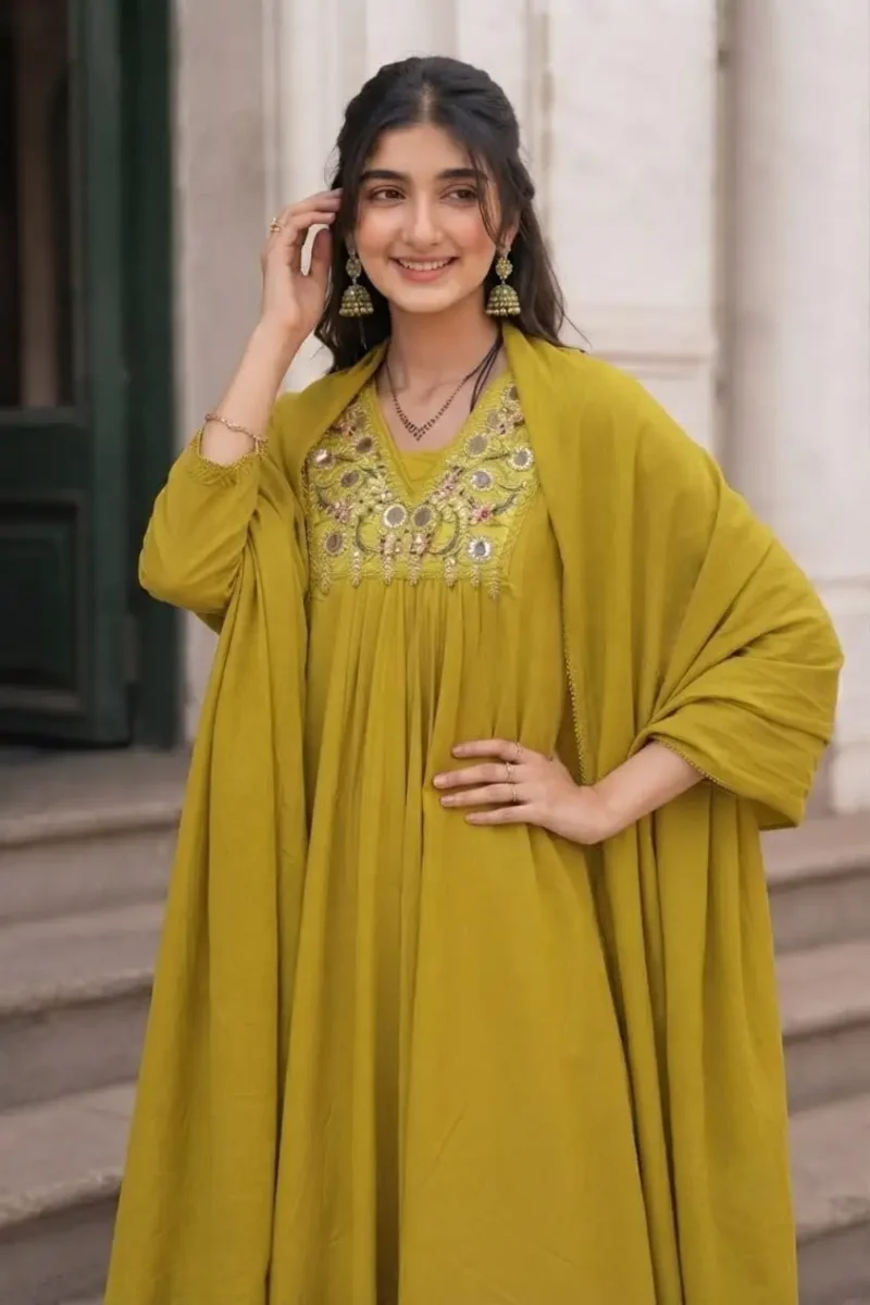 Women's Yellow 60-60 Cotton Embroidered Kurta Pant Set with Pure Cotton Dupatta