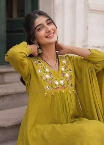 Women's Yellow 60-60 Cotton Embroidered Kurta Pant Set with Pure Cotton Dupatta close
