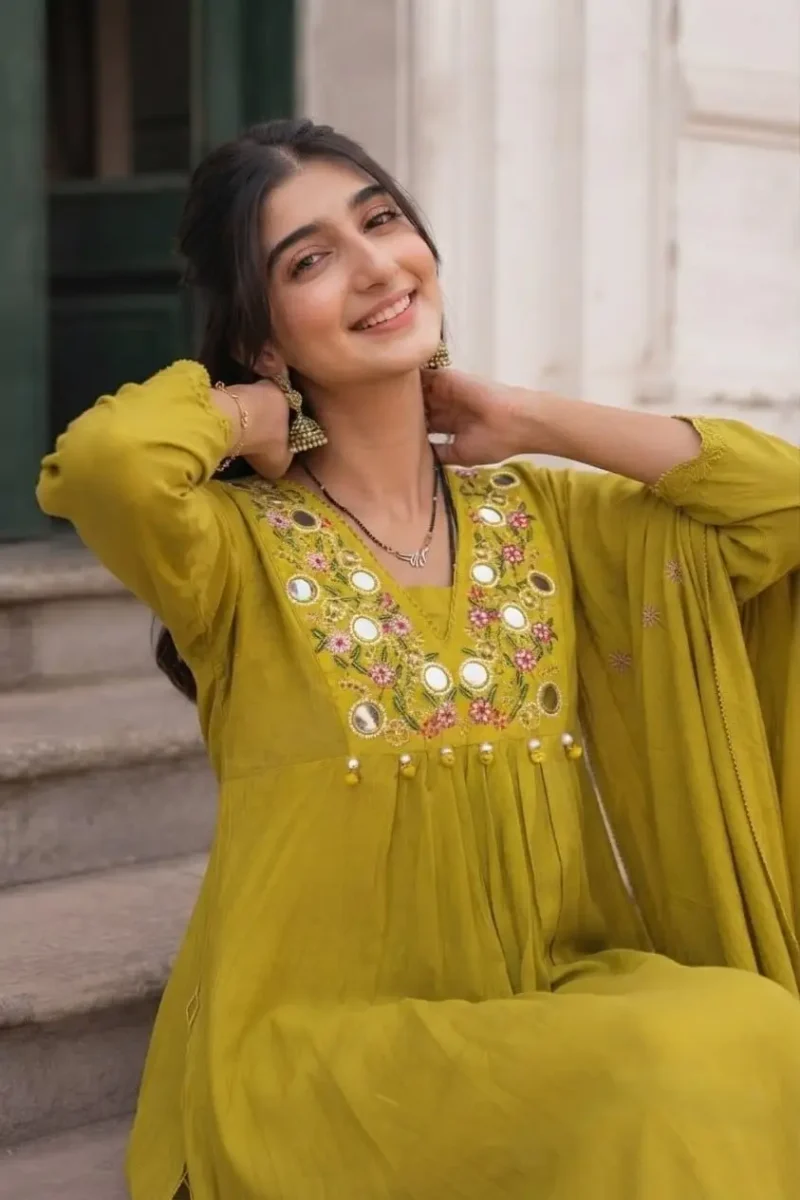 Women's Yellow 60-60 Cotton Embroidered Kurta Pant Set with Pure Cotton Dupatta close