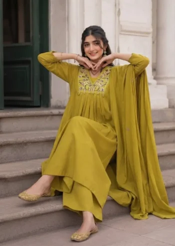 Women's Yellow 60-60 Cotton Embroidered Kurta Pant Set with Pure Cotton Dupatta sitting on stairs