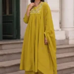 Women's Yellow 60-60 Cotton Embroidered Kurta Pant Set with Pure Cotton Dupatta front look