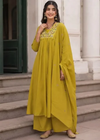 Women's Yellow 60-60 Cotton Embroidered Kurta Pant Set with Pure Cotton Dupatta front look