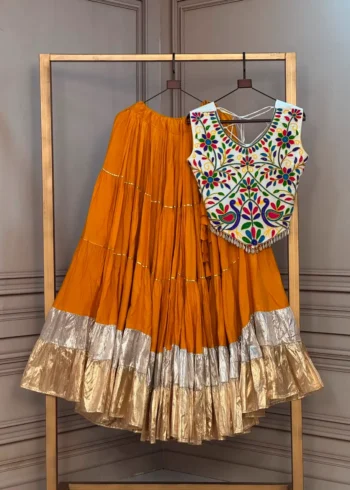 Yellow Rayon Navratri Top Lehenga with Kutchi Work and Lampi Lace