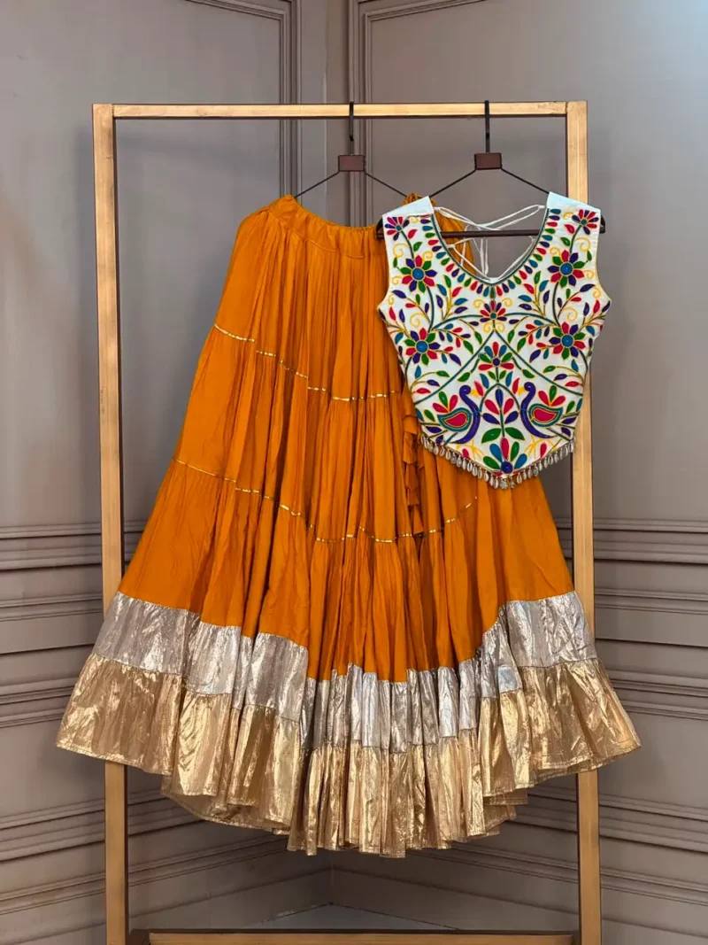 Yellow Rayon Navratri Top Lehenga with Kutchi Work and Lampi Lace