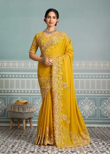 Yellow Star Georgette Cutwork Haldi & Wedding Saree