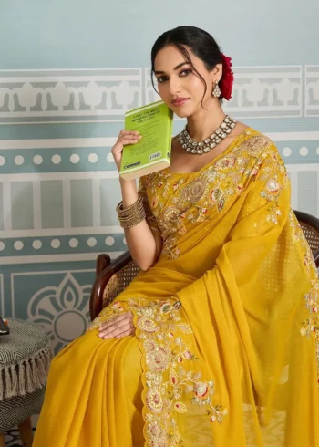 Yellow Star Georgette Cutwork Haldi & Wedding Saree close look