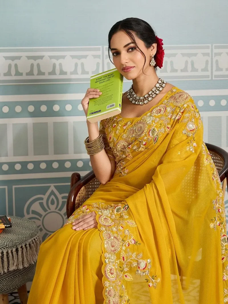 Yellow Star Georgette Cutwork Haldi & Wedding Saree close look