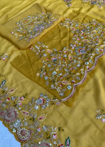Yellow Star Georgette Cutwork Haldi & Wedding Saree close embroidery