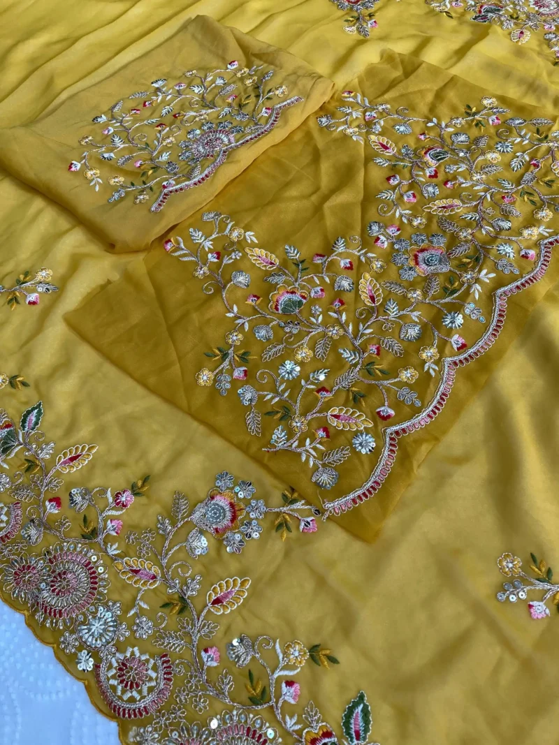 Yellow Star Georgette Cutwork Haldi & Wedding Saree close embroidery