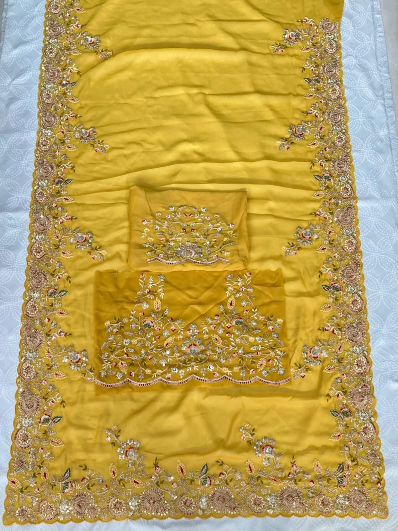 Yellow Star Georgette Cutwork Haldi & Wedding Saree live image