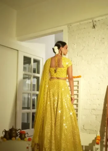 Yellow Zari Sequin Embroidered Haldi Lehenga Choli back design