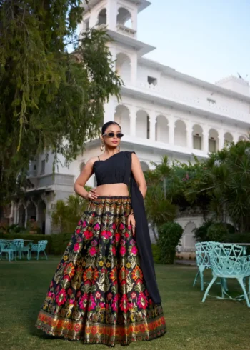 Black Banarasi Silk cordset lehenga with Zari weaving and Georgette blouse