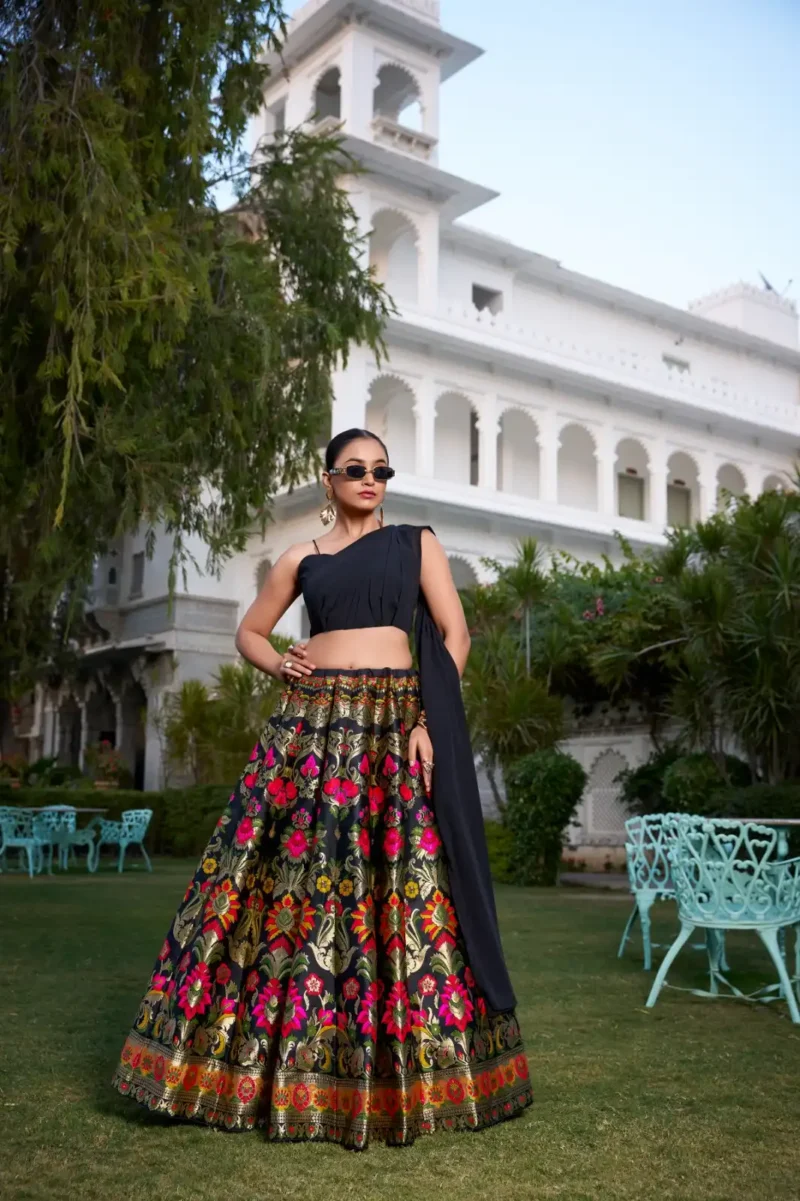 Black Banarasi Silk cordset lehenga with Zari weaving and Georgette blouse