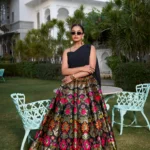 Black Banarasi Silk cordset lehenga with Zari weaving and Georgette blouse front look