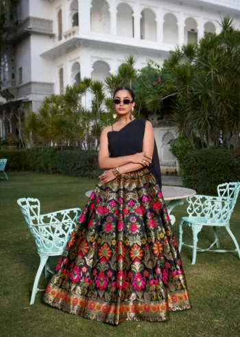 Black Banarasi Silk cordset lehenga with Zari weaving and Georgette blouse front look