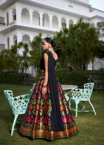 Black Banarasi Silk cordset lehenga with Zari weaving and Georgette blouse back side design
