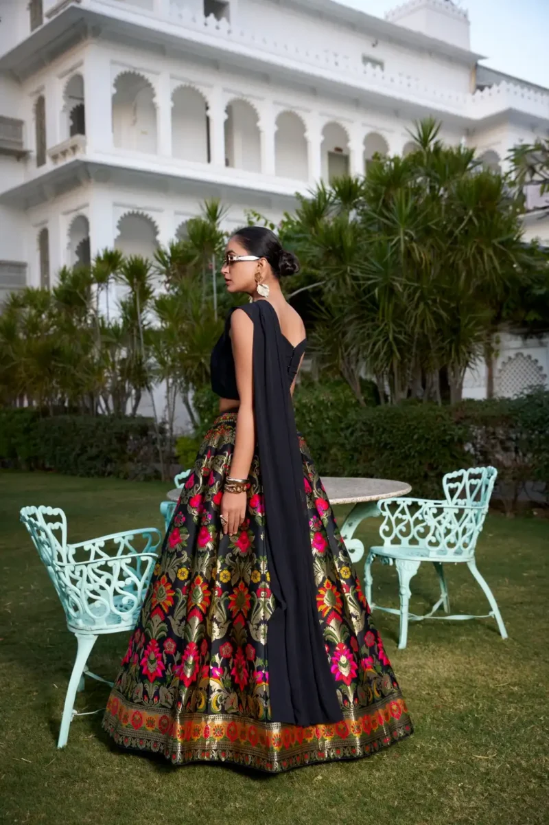 Black Banarasi Silk cordset lehenga with Zari weaving and Georgette blouse back side design