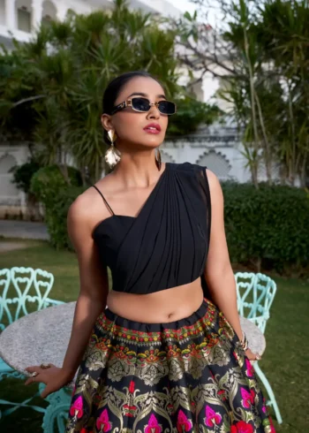 Black Banarasi Silk cordset lehenga with Zari weaving and Georgette blouse close look