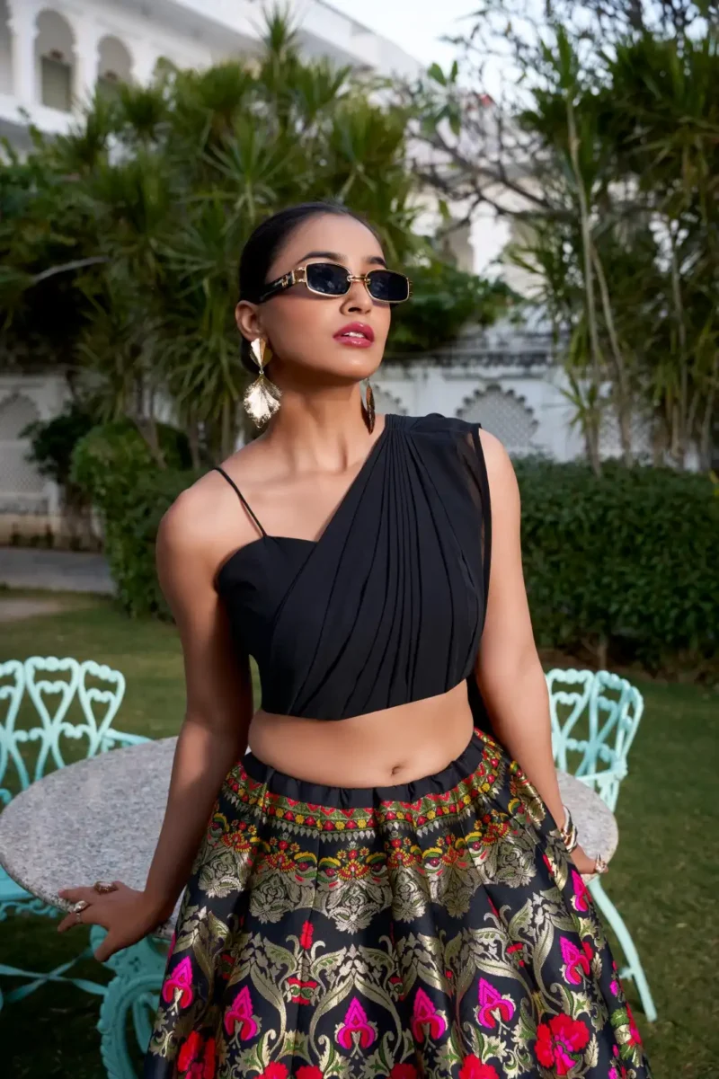 Black Banarasi Silk cordset lehenga with Zari weaving and Georgette blouse close look
