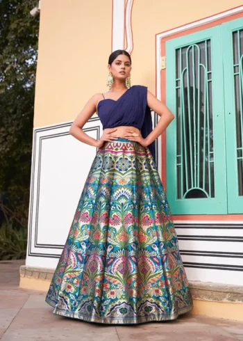 Blue Banarasi Silk cordset lehenga with Zari weaving and Georgette blouse