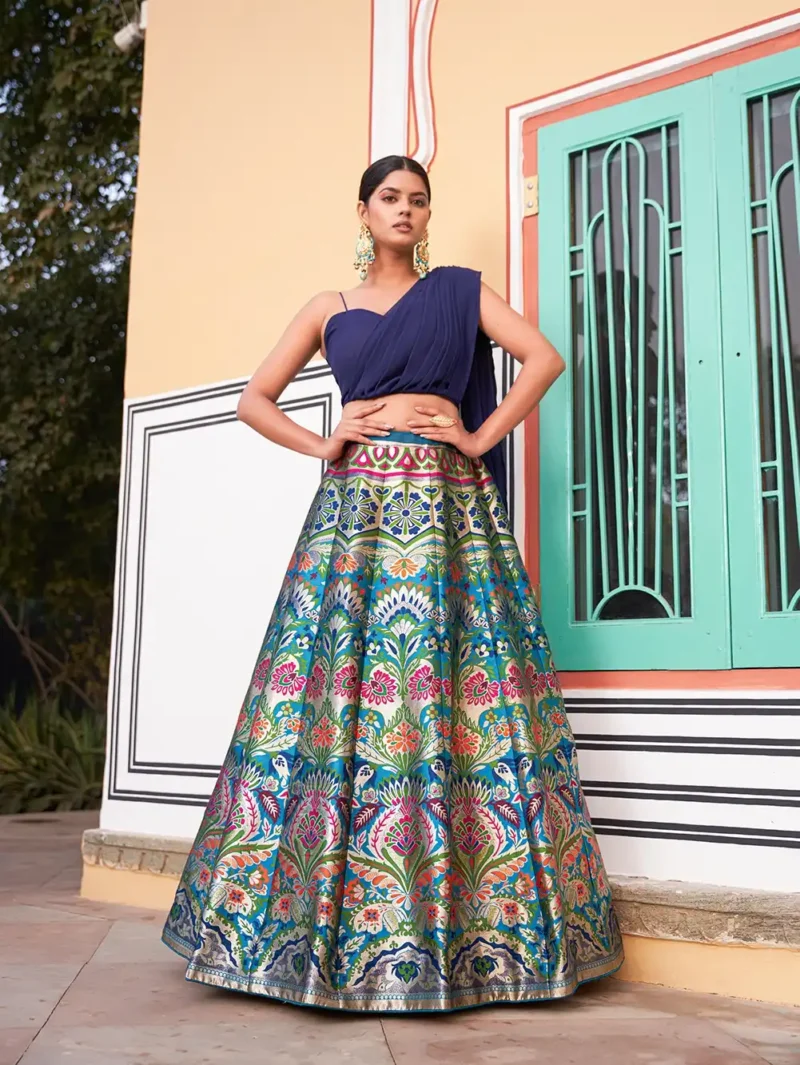 Blue Banarasi Silk cordset lehenga with Zari weaving and Georgette blouse