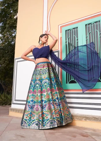Blue Banarasi Silk cordset lehenga with Zari weaving and Georgette blouse front look