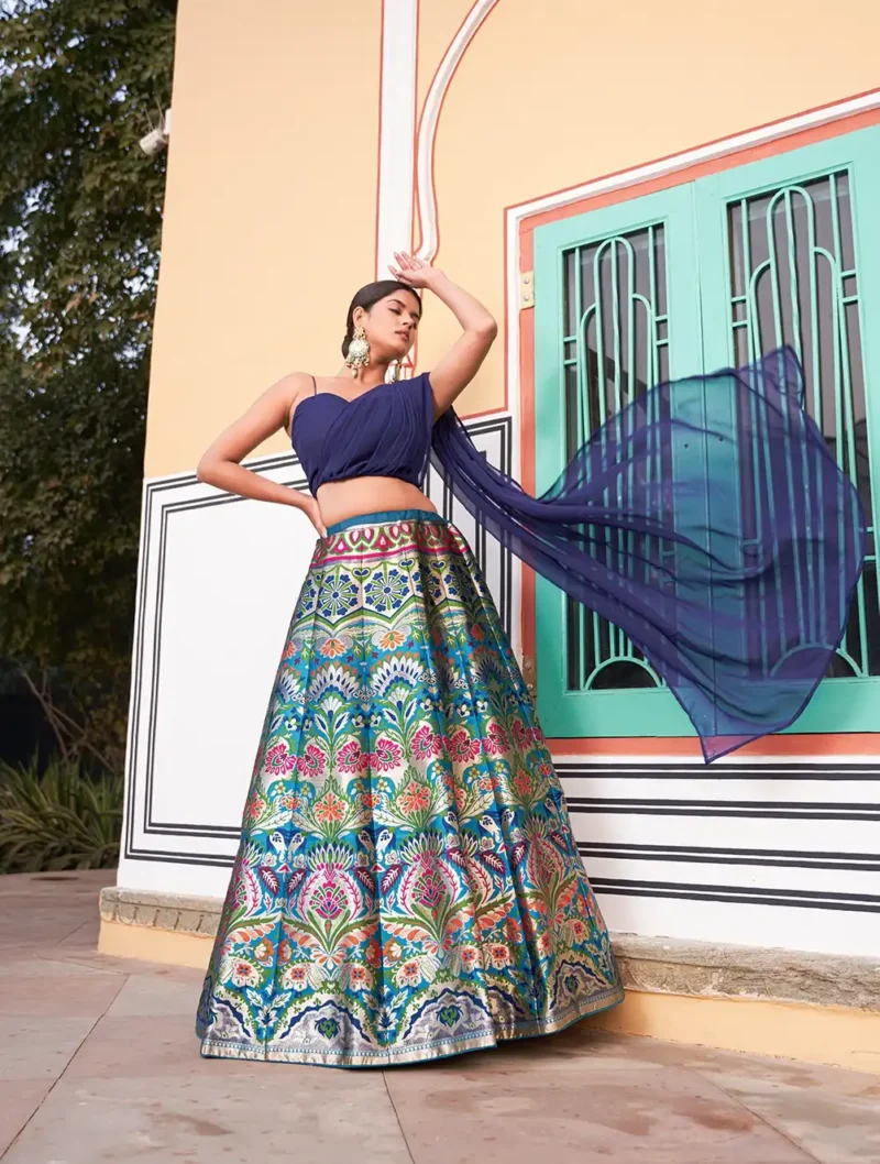 Blue Banarasi Silk cordset lehenga with Zari weaving and Georgette blouse front look