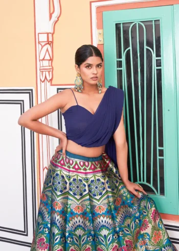 Blue Banarasi Silk cordset lehenga with Zari weaving and Georgette blouse close look