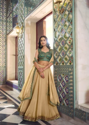 Chiku Frendysilk wedding bridesmaid lehenga with lace detailing and embroidered blouse front look
